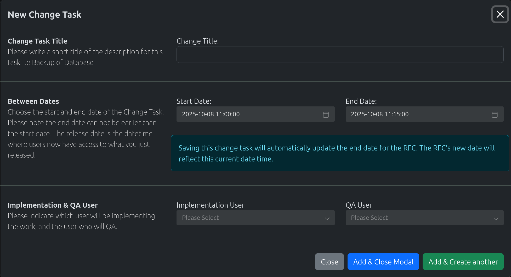 Screenshot of the Change task wizard